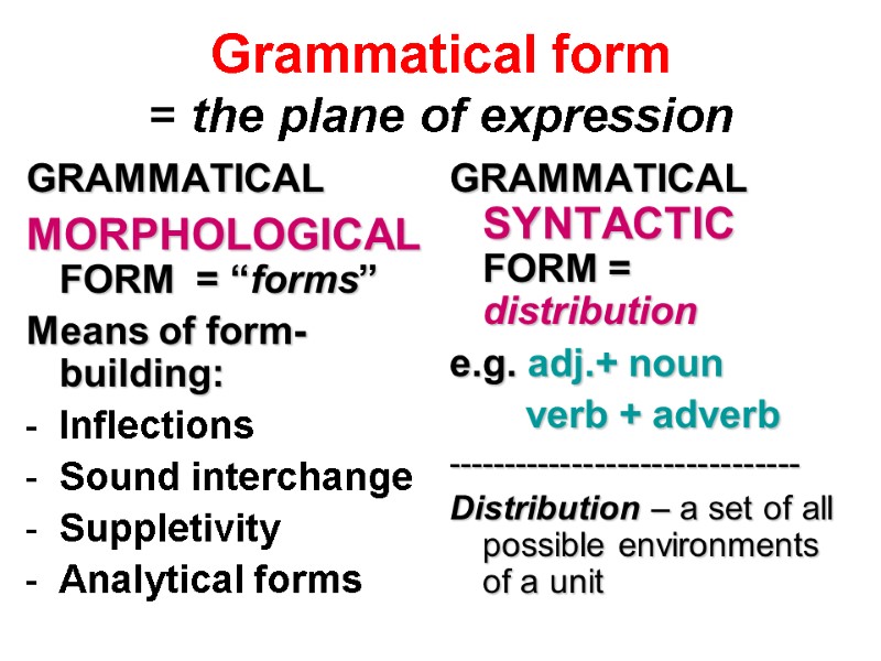 Grammatical form = the plane of expression GRAMMATICAL  MORPHOLOGICAL FORM  = “forms”